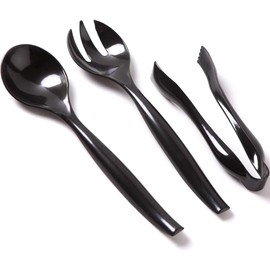 VeZee's Plastic Serving Utensils, Black Heavy Duty Disposable utensil | Set 10" Spoons 10" Forks 6" Tongs | 6 Each in One Set| 18 Pcs