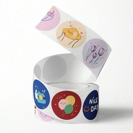 Dekorative Aufkleber, rund, 1000 Stück (2 x 500), 4 cm, Design Kawaii, Blumen und positive Botschaften, ideal für Weihnachtsfeiern