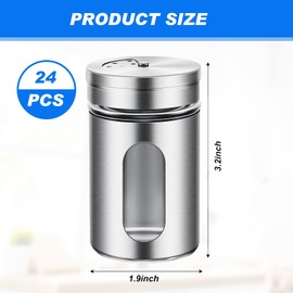 Dandat 24 Pcs Salt and Pepper Shakers Stainless Steel Spice Shakers with Adjustable Pour Holes and Glass Window 3.4oz Salt Dispenser Spice Jars with Rotating Lids for Sugar Seasoning Home