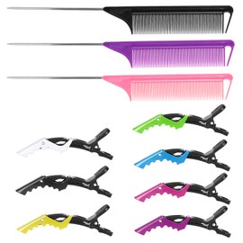 Kunihiko Rat Tail and Parting Combs with Styling Clips: 3 Metal Teasing Combs for Braids, 7 Professional Sectioning Hair Clips