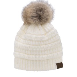 C.C Trendy Fuzzy Fleece Lined Warm Soft Stretch Cable Knit Ribbed Faux Fur Pom Pom Skull Cap Cuff Beanie Hat, Ivory - Off White