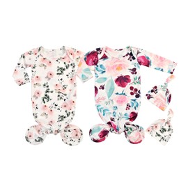 Giggle Angel Newborn Baby Sleeper Gown Knotted Gown Baby Girl Coming Home Outfits 2-Piece Gown and Hat Set (PinkLeaf and Purple, 0-3 Months)