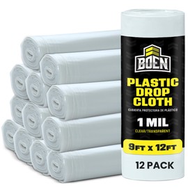 BOEN 9x12 Clear Plastic Drop Cloth – 12-Pack 1 Mil Painters Plastic Sheet – Waterproof Dust & Paint Protection for Furniture, Floors, Moving & Window Insulation – Plastic Tarp for Home Renovation