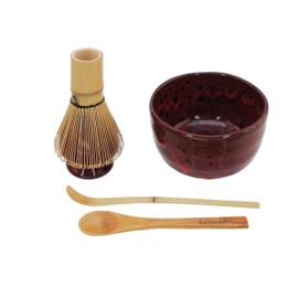 BambooMN Matcha Bowl Set (Includes Bowl, Rest, Tea Whisk, Chasaku & Tea Spoon) 2 Sets Deep Red w/Black