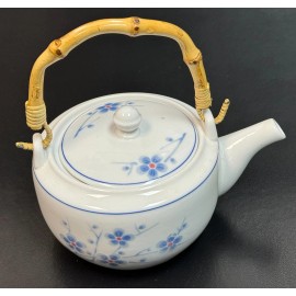Cheng's White Jade Porcelain Tea Pot  White Cherry Blossom with Bamboo Handle