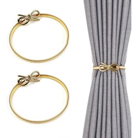 Curtain Hold Backs for Curtains Shiny Metal Curtain Tiebacks Engraving Design Curtain Buckle Set of 2 Window Curtain Holdbacks Elegant Gold Holders for Home and Office Window Decoration (Gold, Bow)