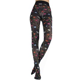 WOOTI TIGHTS FANTASIA Microfiber Pantyhose with floral pattern milticolor, Covering 80 den, Soft, Durable, Matte, Flat seam with cotton gusset - Black - S