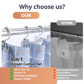 3-in-1 Boho Shower Curtain Set - 72"x72" Bohemian Style Curtain with Tassels, Waterproof Liner, 12 Double-Sided Stainless Steel Hooks, Thick Heavy Fabric for Bathroom (Blue)