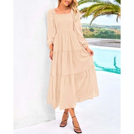 BTFBM Women Formal Dress Spring Square Neck Puff Long Sleeve Smocked Tiered Flowy Wedding Guest Maxi Dresses Pockets(Beige, Medium)