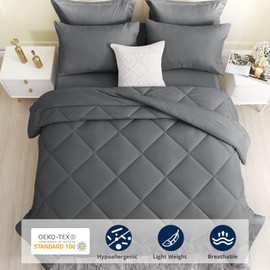 HEVUMYI King Size Comforter Set, 7 Pieces Reversible Bed in a Bag King, All Season Bedding Sets with King Comforter, Flat Sheet, Fitted Sheet, Pillowcases & Pillow Shams (Dark Grey,King)