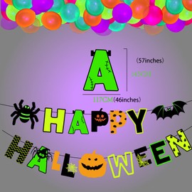 Neon Glow Happy Halloween Banner - Halloween Party Decorations, Neon Glow Happy Halloween Bat Spider Pumpkin Sign for Halloween Supplies Mantle Home Decor
