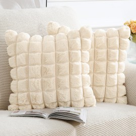 Madizz Set of 2 Faux Fur Plush Decorative Cushion Covers Striped Soft Decorative Cushion Cover for Sofa Bedroom Cushion Shell Beige 45 x 45 cm