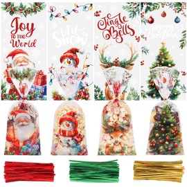 CCINEE 200PCS Christmas Cellophane Treat Bags, Xmas Clear Cello Gift Bags Candy Goodies Bags with Twsit for Christmas Holiday Party Favors
