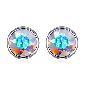 Josfeva 925 Silver Stud Earrings, 8 mm, Blue, Green, Pink, Black, Aurore Boreale, Purple, Red, White, Tiny Round Women's Stud Earrings, Small Sleeper Cluster with Crystal, Earrings with Gift Box,