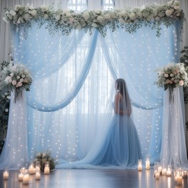 10×10ft Blue Tulle Backdrop Curtain with Lights String for Parties, Sheer Curtain Backdrop Drapes for Wedding Party Home Decorations