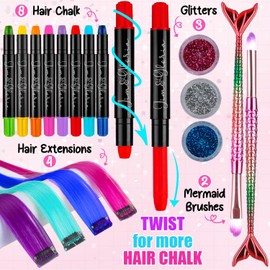 Jim&Gloria Dustless Hair Chalk for Girls Washable with Clip in Hair Extensions, Brushes and Glitters, Kids Temporary Color Dye, Gifts for Teen Girl Trendy Stuff, Teenage 7 8 9 10 11 12 13 14 Year Old