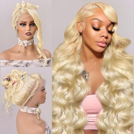 Colowam 613 360 Lace Front Wig Human Hair Full Lace Blonde Wig 200% Density Body Wave Pre Plucked Real Bleached Knots (34 Inch)