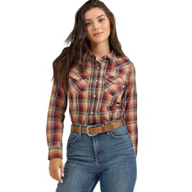Wrangler Harvest Plaid Essential Women's Collared Long Sleeve Western Snap Top 112367228, Brown, Small