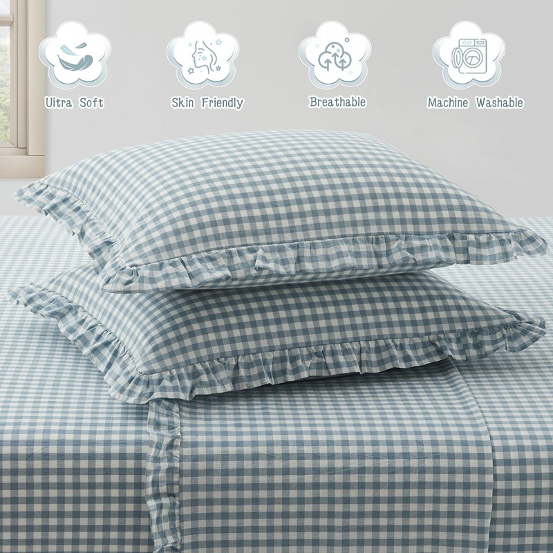 KKJIAF 2 Pcs Plaid Ruffle Pillow Case King Size, Washed