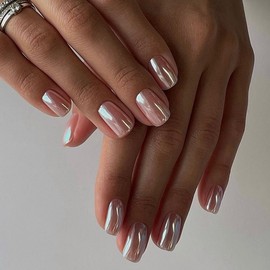 Chrome Press on Nails Short Square Fake Nails Nude Pink False Nails Glossy Glue on Nails Mirror Metal Plating Acrylic Nails Pearl Stick on Nails for Women Manicure 24 Pcs