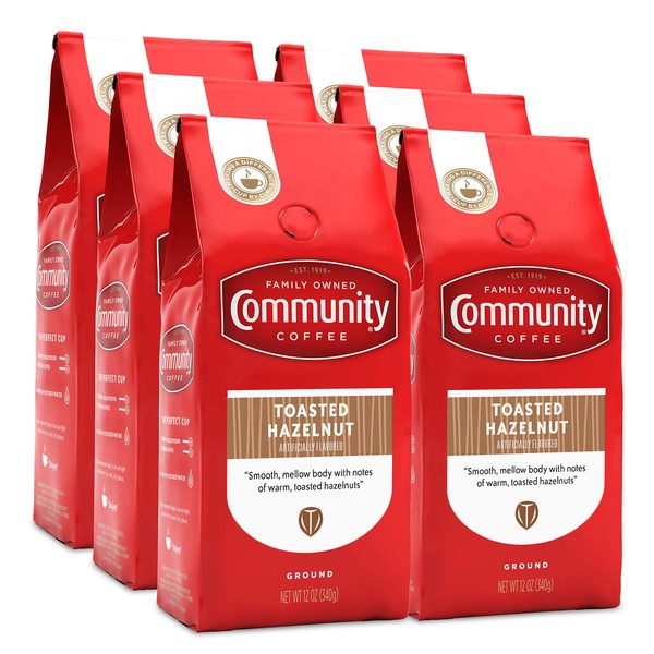 Community Coffee Toasted Hazelnut Flavored 72 Ounces, Medium Roast Ground Coffee, 12 Ounce Bag (Pack of 6)
