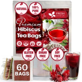 FreshDrinkUS, Premium 60 Hibiscus Flowers Tea Bags, 100% Natural & Pure from Hibiscus Flowers. Loose Flower Hibiscus Herbal Tea. No Sugar, No Caffeine, No Gluten, Vegan.