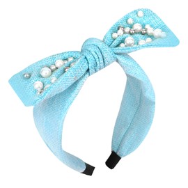 TIOSRU Bow Headband for Women Girls, Pearl Knotted Headband Cute Wide Headband for Women, Large Non Slip Hair Bands for Thick Hair, Cloth Top Knot Headband Women's Fashion Hair Accessories-Light Blue