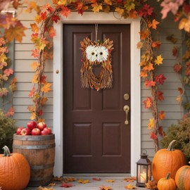 winemana Fall Wreaths for Front Door - 14 Inch Handmade Owl Wreath with Berries & Autumn Leaves, Fall Decorations for Home Outside Farmhouse, Thanksgiving Boho Harvest Decor for Porch