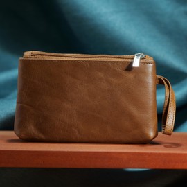 BAWAKO Genuine Leather Wallet with Two Zip Compartments, Women's and Men's Wallet, Coin Card, Key (Light Brown)