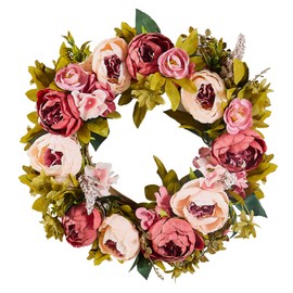Happybuy Artificial Decorative Wreath, 19 Inches, Pink, Featuring Peonies, Hydrangeas, and Baby’s Breath, All-Season Wreath for Indoor & Outdoor Home, Wall, Window, Wedding, and Festival Decor