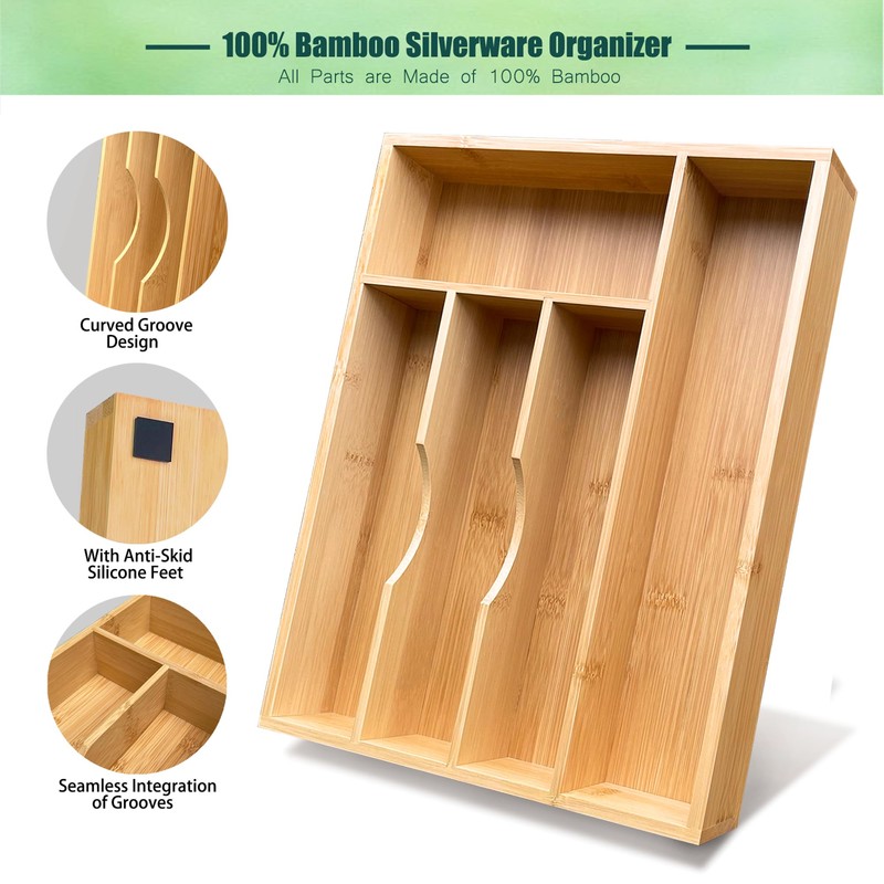 guiogc Bamboo Silverware Drawer Organizer, Silverware Organizer, Silverware Utensil Tray