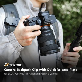 AMAZEAR Camera Backpack Clip for DSLR, Upgraded One-Handed Operation Bag Strap Belt Clip with Quick Release Plate Mount for Canon Nikon Sony Fuji Go-Pro Action Cam with Safety Latch, Black