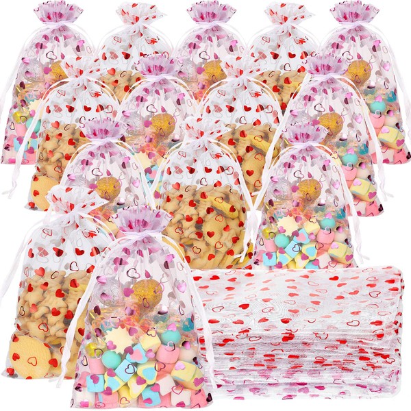 50 Pieces Valentine's Day Heart Organza Gift Bags with Drawstring 6 x 9 Inches Jewelry Sheer Bag Heart Mini Mesh Bags Candy Packaging Pouch Bag for Wedding Birthday Party Favor