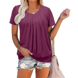 ZOLUCKY Women Solid Color Short Sleeve Scoop Neck Pleated Front Tunic Tops for Leggings Loose Blouse Shirts, Purplish Red 3X-Large