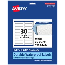 Avery Durable Waterproof Rectangle Labels, Sure Feed Technology, 2/3" x 3-7/16", 750 Total, Oil and Tear-Resistant Waterproof Labels, Laser/Pigment-Based Inkjet Printable