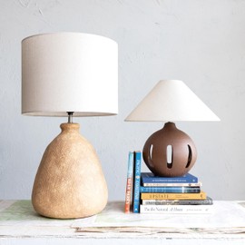 Creative Co-Op Ceramic Table Lamp with Linen Shade and Cut-Outs, Brown and Natural