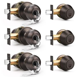 Brotima 3 Pack Entry Door Locksets with Single Cylinder Deadbolt, Oil Rubbed Bronze Exterior Door Lock Set with Same Key, Front Roound Door Knob and Deadbolt Set