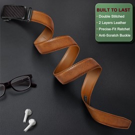 KEMISANT Ratchet Belt For Men,Slide Leather Belt Adjustable For Gift Men Dress Casual Pants Jeans-Cut For Fit(orange brown,38"-44" Waist Adjustable)