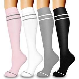 COOLOVER - 4 pares de calcetines de compresión para mujeres y hombres, el mejor apoyo para correr, lactar, viajar, embarazo, 06 Rosa/Blanco/Gris/Negro, Small-Medium