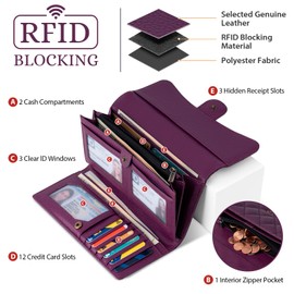 XINNSTAR Wallet Women RFID Blocking Leather Large Capacity Credit Card Holder Trifold Ladies Clutch Zipper Long Purse