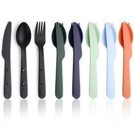 Evanda Travel Utensils Set for 6, Reusable Plastic Knife Fork Spoon Snapped Together for Easy Portability and Save Space, Silverware Cutlery Utensils Set for Work, Camping, Picnic, Gadgets, Lunch Box