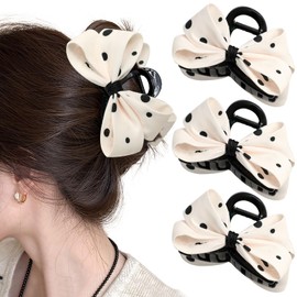 3PCS Bow Hair Claw Clips for Women and Girls, Black Polka Dot Bow Hair Clips for Thick and Thin Hair
