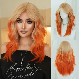 7JHH WIGS 22IN Middle Length Shoudler Blonde Ombre Orange Wigs High Layered Cut Women Synthetic Heat Resistant Fiber Highlight Natural Brown Black Wig for Women Fashion Edgy Daily Party Cosplay