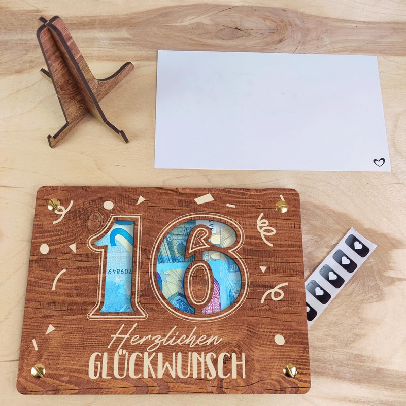 16 Geburtstag - XL Geldgeschenk aus Holz inkl. Ständer |