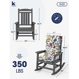 KINGYES HDPE Rocking Chair Outdoor with Thick Cushions, All-Weather Patio Rocking Chair Porch Rocker for Outside, Grey Chair with Flower Cushion