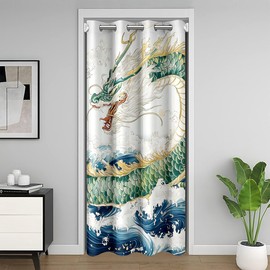 Feelyou - Cortina de privacidad para puerta de dragón verde, 1 panel, 132 x 213 cm, para niños y niñas, 30 % -50 % para oscurecer la habitación, cortina oscurecedora estilo japonés Ukiyoe