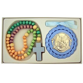 Multi Color Wooden Prayer Bead Rosary with Guaridan Angel Crib Medal, 12 1/2 Inch (Blue)