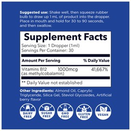 NANO METHYL B-12, 1000MCG Methylcobalamin, nanosized liquid drops for INSTANT ABSORPTION, East to Use. Delicious Berry Flavor.