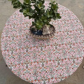 Ridhi Sassy Salmon and Emerald Green Round Tablecloth- Indian Block Print Tablecloth -Handmade Printed Washable Cotton Table Cloth - Spring/Summer Wedding Tablecloth 120" Inches Round