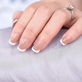 32pcs Deepen White French Tips Short Square Press On Nails Women Girls Gifts Salon Manicure Glossy Nail Art Tips Fake Nails Reusable Acrylic False Nails Glue On Nails